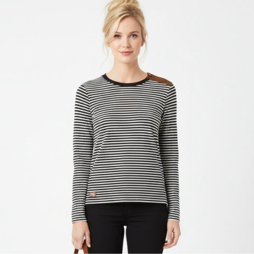 Lauren Ralph Lauren Black & White Striped Leather Elbow Patch Long Sleeve Tee M